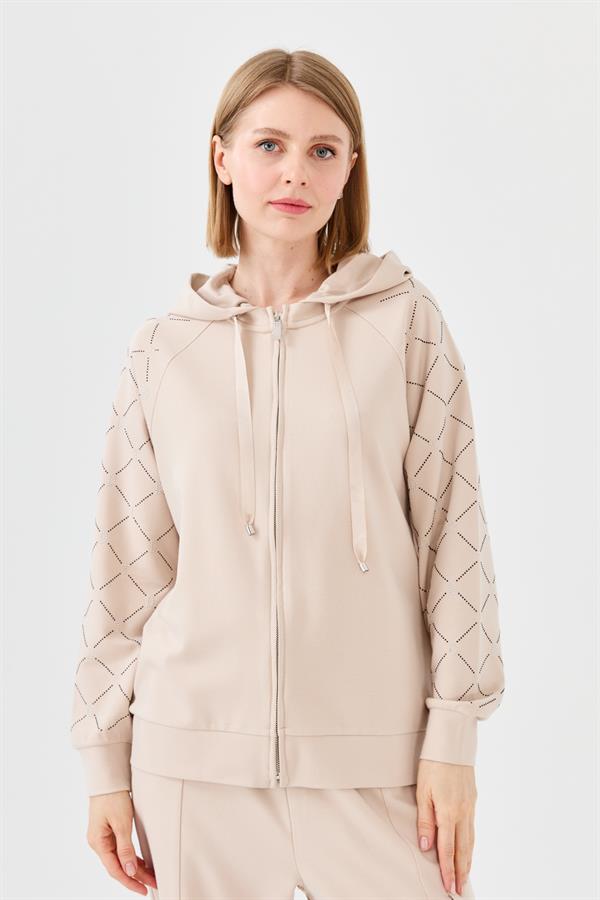 Женский летний трикотажный кардиган с капюшоном и принтом стразы бежевый