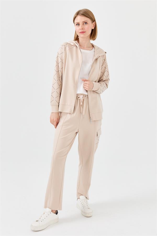 Женский летний трикотажный кардиган с капюшоном и принтом стразы бежевый