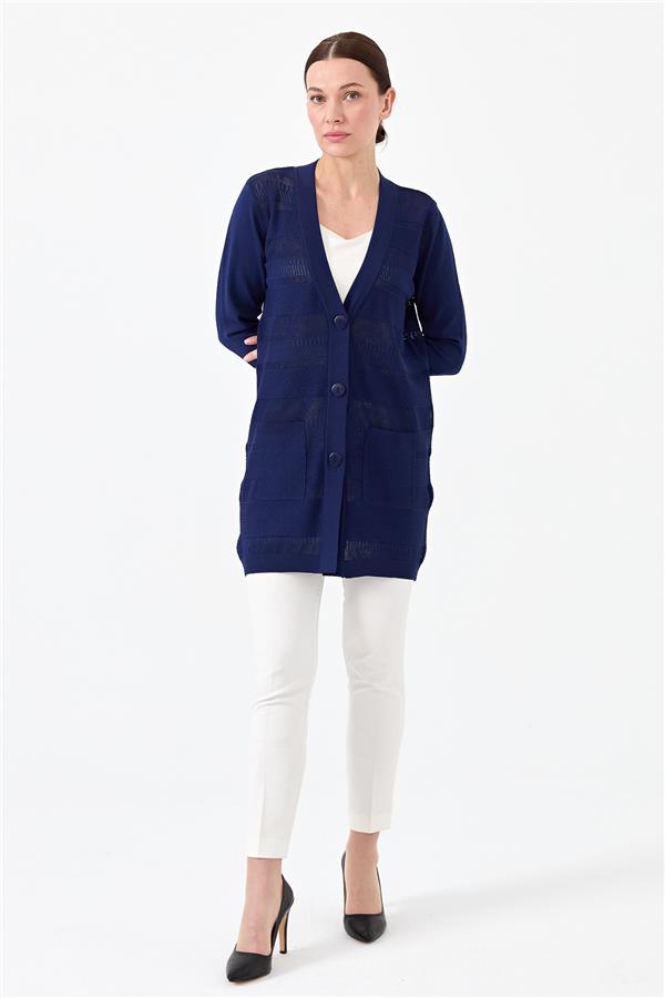 Женский трикотажный жакет с V образным вырезом темно синий