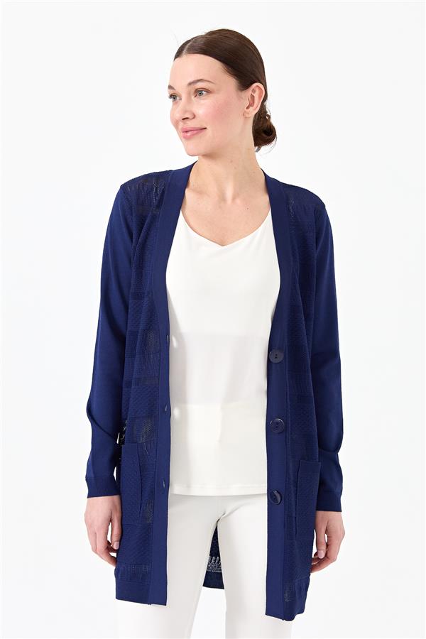 Женский трикотажный жакет с V образным вырезом темно синий