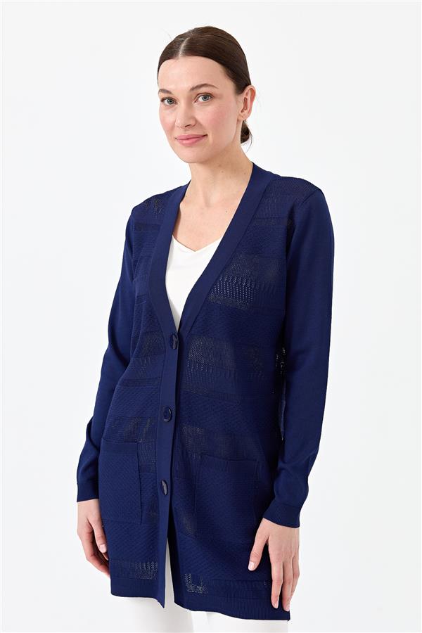 Женский трикотажный жакет с V образным вырезом темно синий