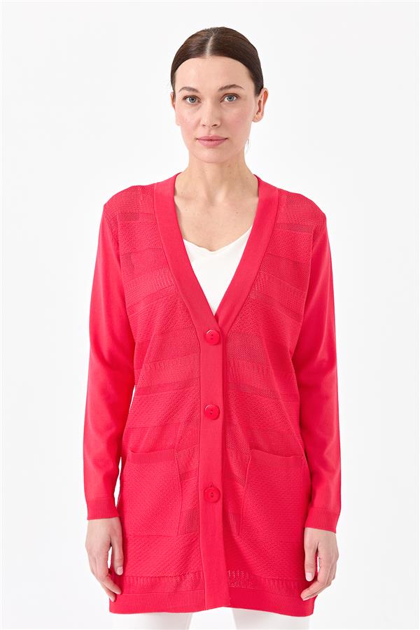 Женский трикотажный жакет с V образным вырезом алый