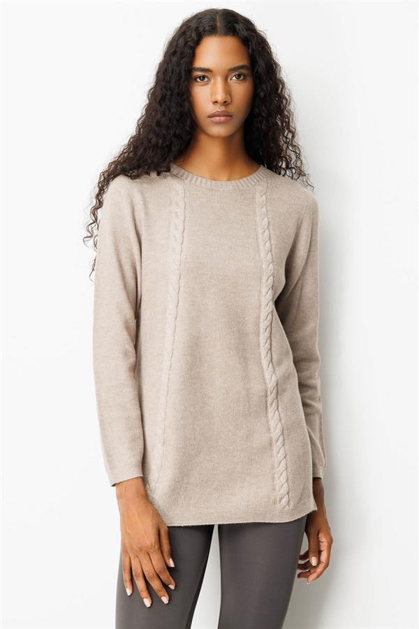 Kadın Triko Yanı Yırtmaçlı Pirinç Örgü Bluz Vizon