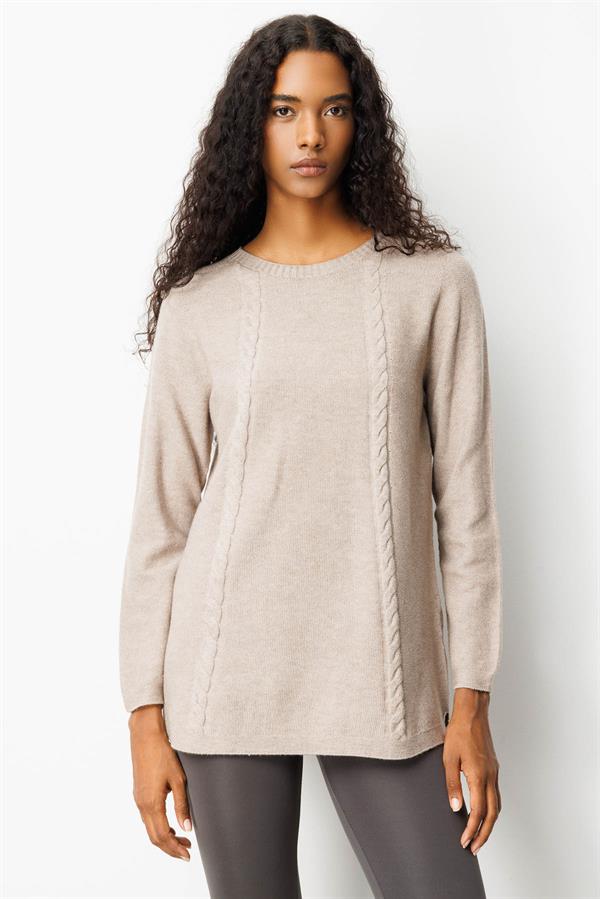 Kadın Triko Yanı Yırtmaçlı Pirinç Örgü Bluz Vizon