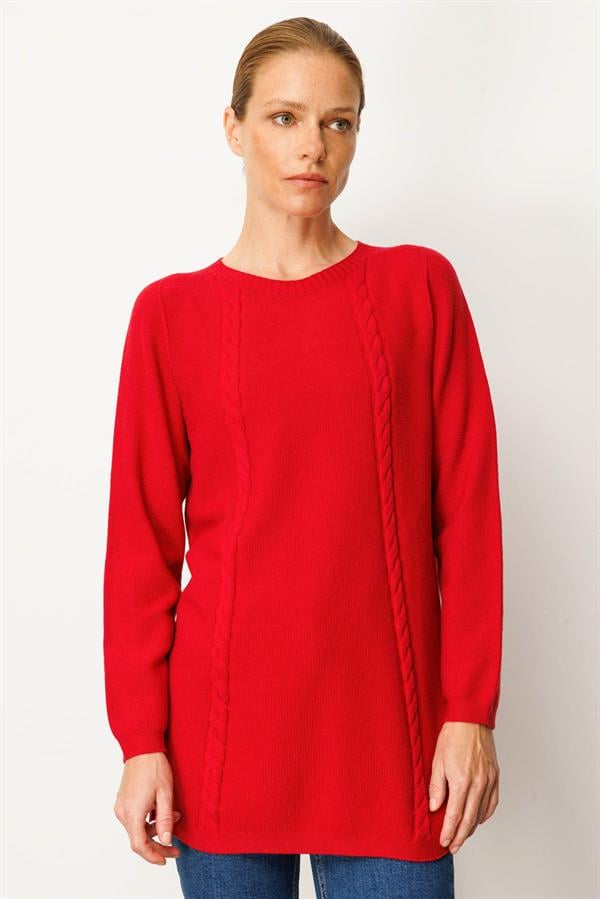 Kadın Triko Yanı Yırtmaçlı Pirinç Örgü Bluz K.Kırmızı