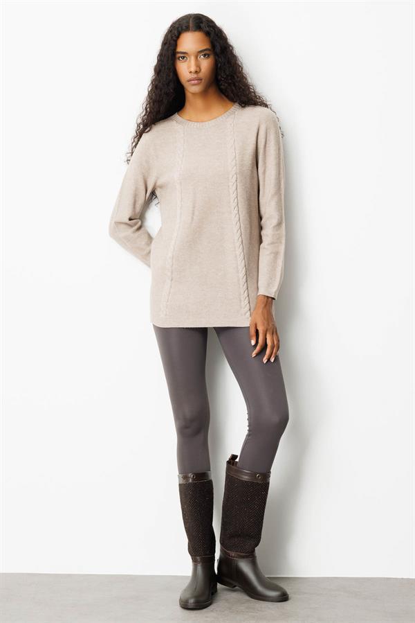 Kadın Triko Yanı Yırtmaçlı Pirinç Örgü Bluz Vizon