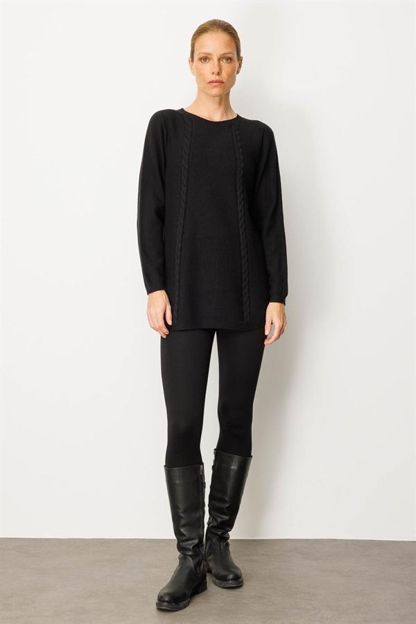 Kadın Triko Yanı Yırtmaçlı Pirinç Örgü Bluz Siyah