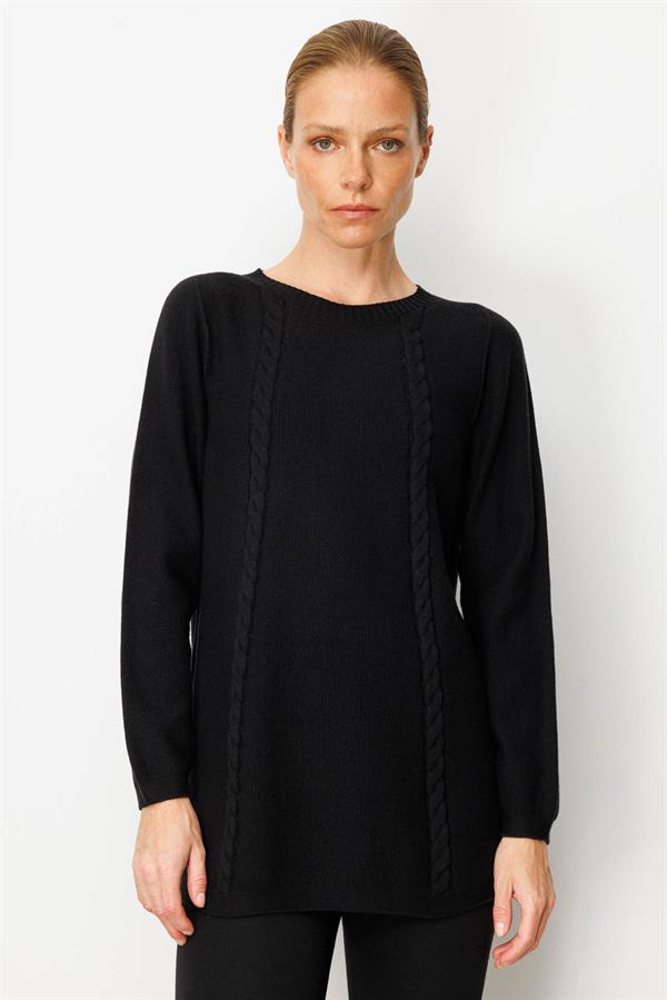 Kadın Triko Yanı Yırtmaçlı Pirinç Örgü Bluz Siyah