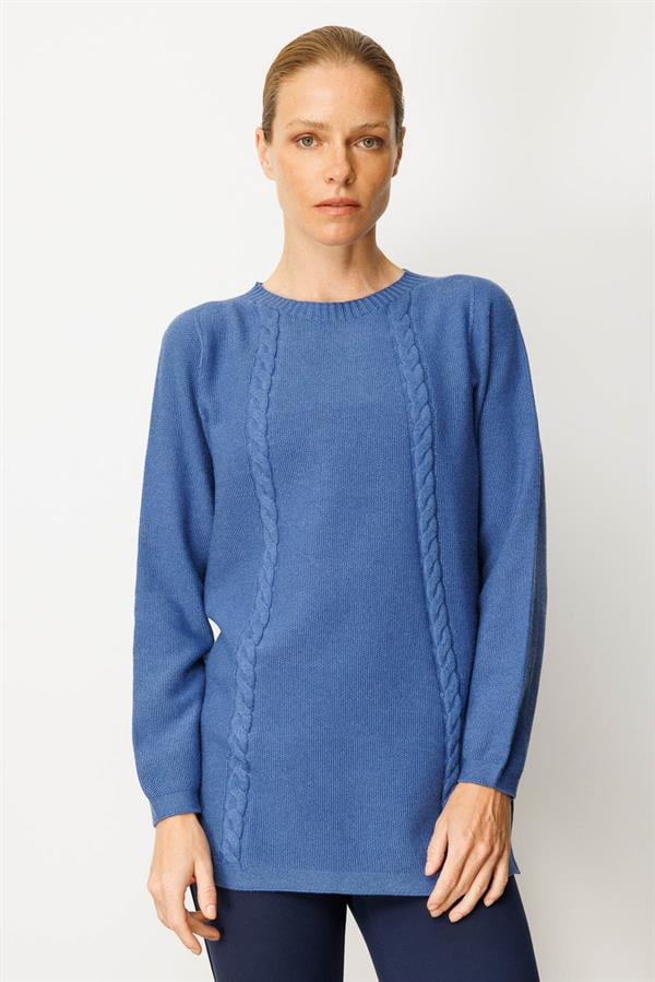 Kadın Triko Yanı Yırtmaçlı Pirinç Örgü Bluz İndigo