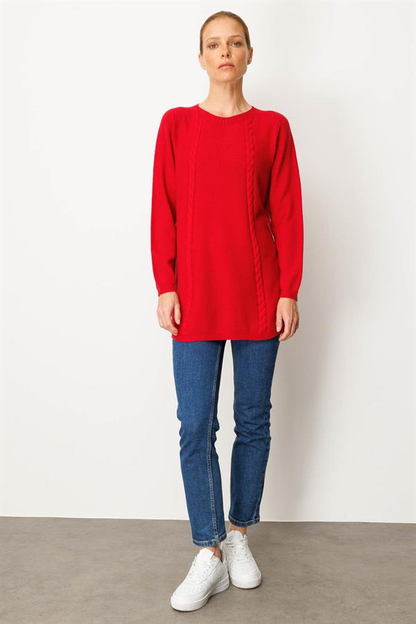Kadın Triko Yanı Yırtmaçlı Pirinç Örgü Bluz K.Kırmızı