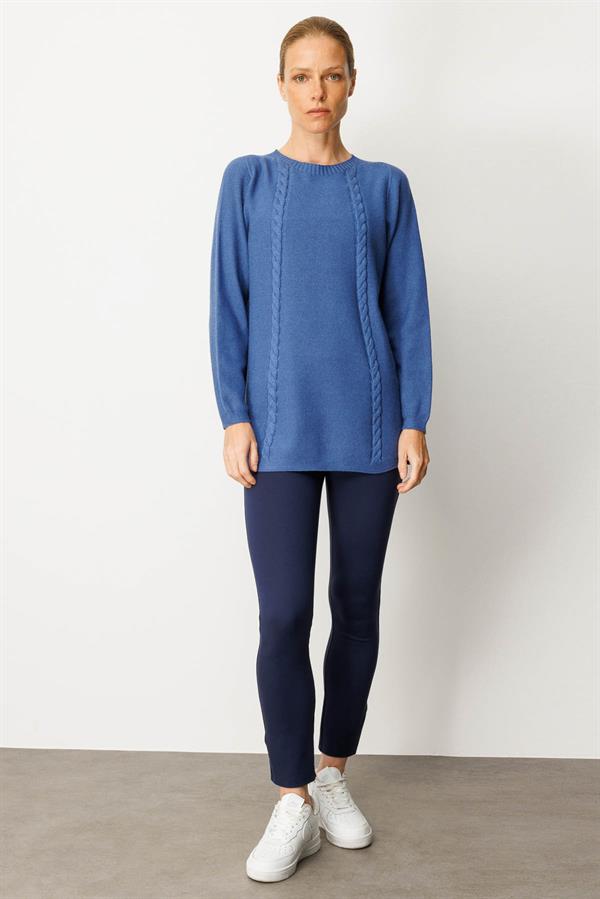 Kadın Triko Yanı Yırtmaçlı Pirinç Örgü Bluz İndigo