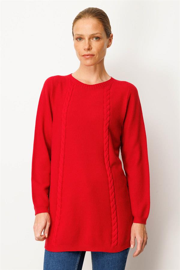 Kadın Triko Yanı Yırtmaçlı Pirinç Örgü Bluz K.Kırmızı