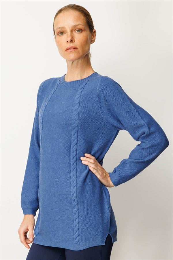 Kadın Triko Yanı Yırtmaçlı Pirinç Örgü Bluz İndigo