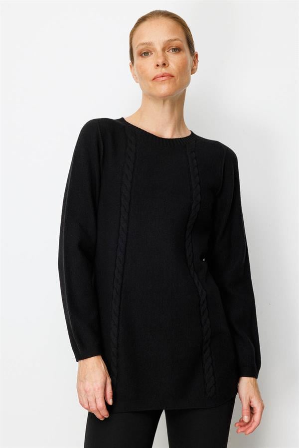 Kadın Triko Yanı Yırtmaçlı Pirinç Örgü Bluz Siyah