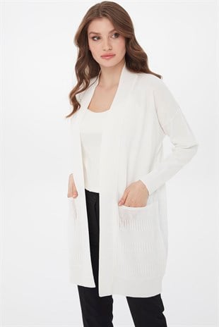Женский трикотажный удлиненный летний кардиган кремового цвета
