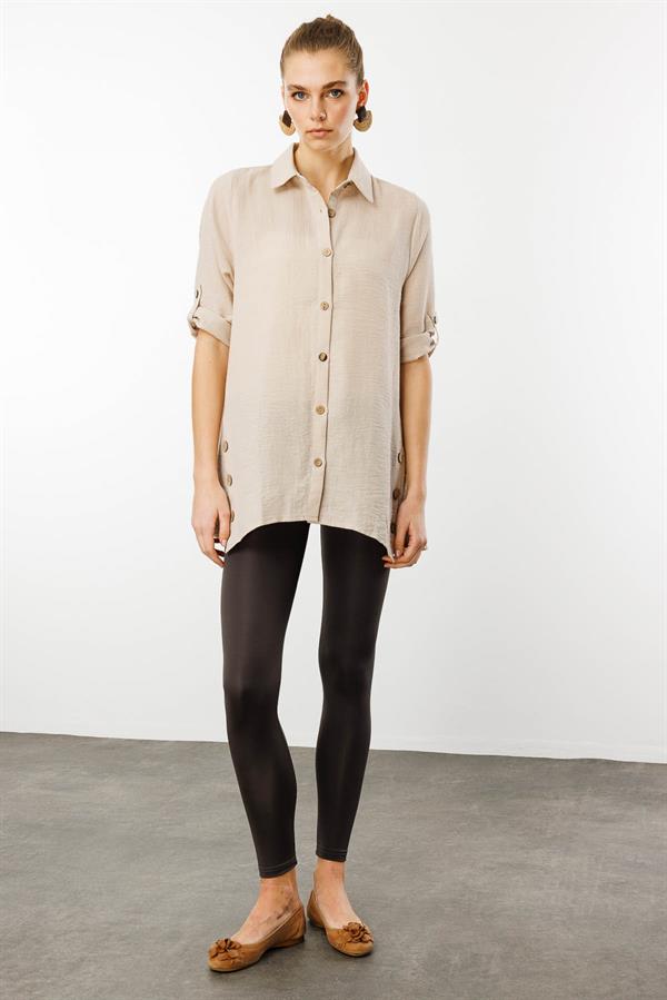 Kadın Truvakar Kol Keten Gömlek Bej