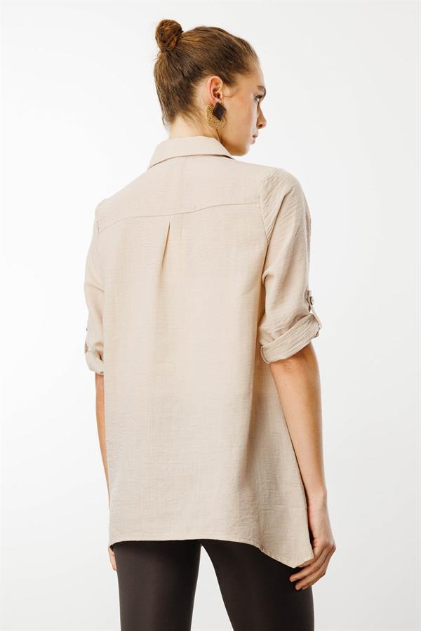 Kadın Truvakar Kol Keten Gömlek Bej