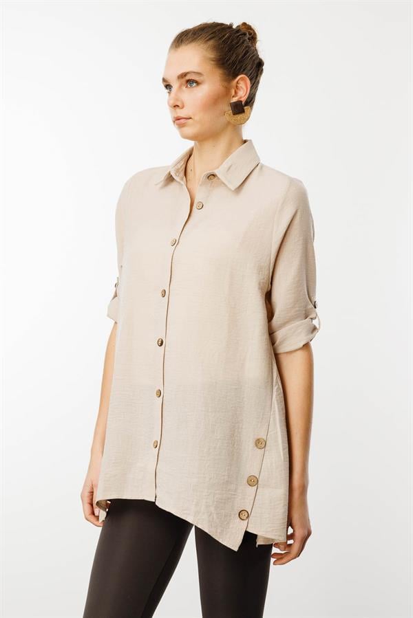 Kadın Truvakar Kol Keten Gömlek Bej