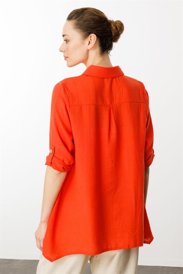 Kadın Truvakar Kol Keten Gömlek Mercan