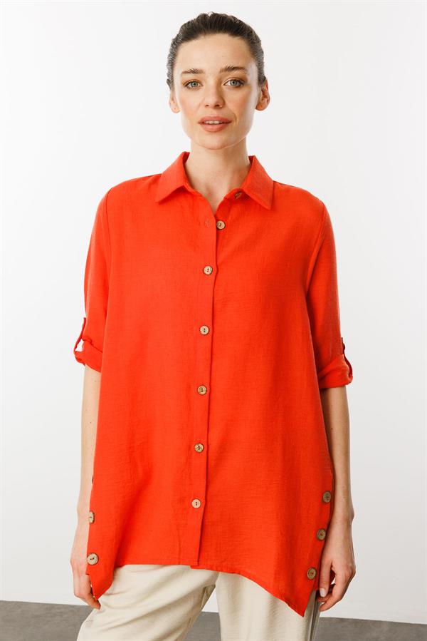 Kadın Truvakar Kol Keten Gömlek Mercan