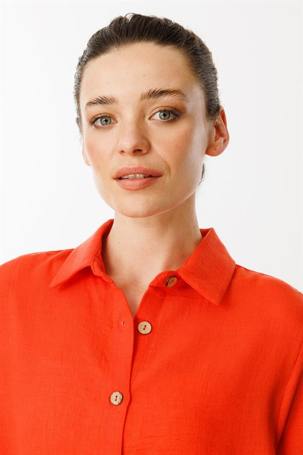 Kadın Truvakar Kol Keten Gömlek Mercan