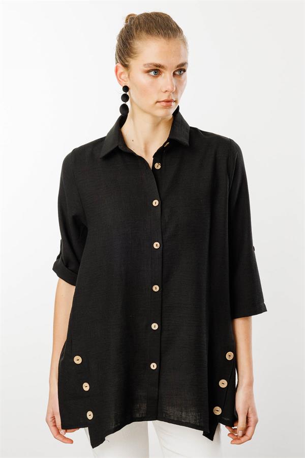 Kadın Truvakar Kol Keten Gömlek Siyah