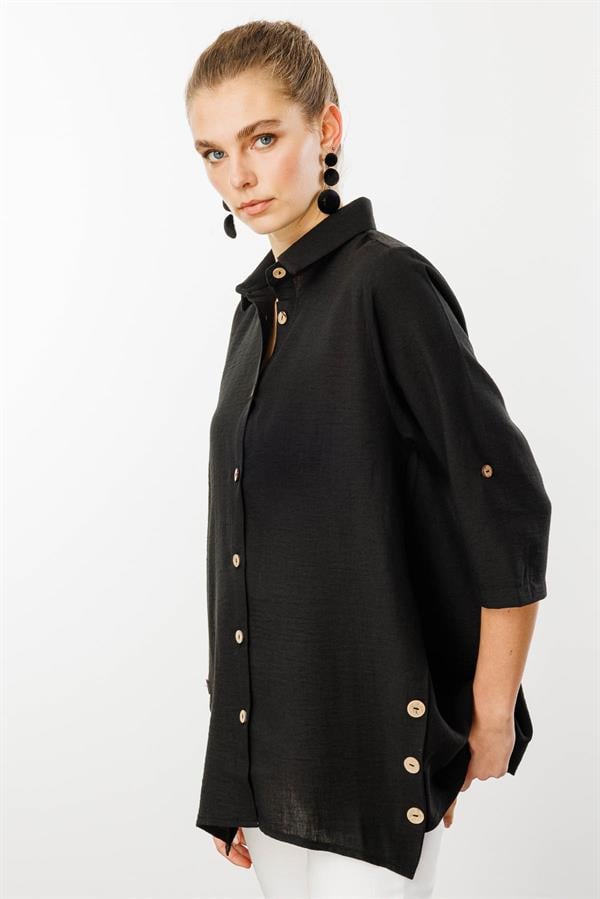 Kadın Truvakar Kol Keten Gömlek Siyah