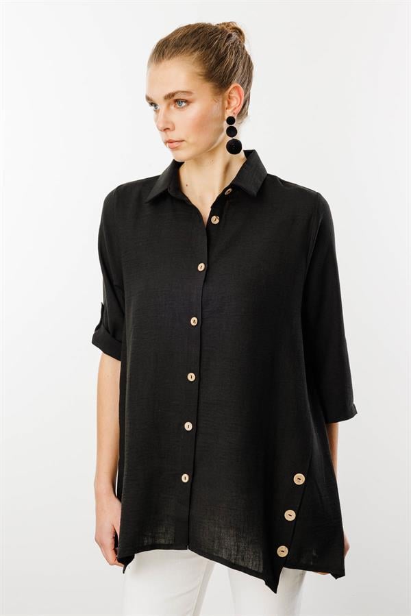 Kadın Truvakar Kol Keten Gömlek Siyah