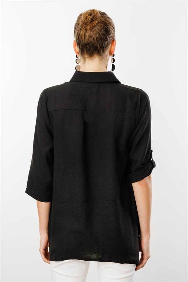 Kadın Truvakar Kol Keten Gömlek Siyah