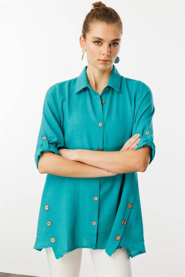Kadın Truvakar Kol Keten Gömlek Yeşil