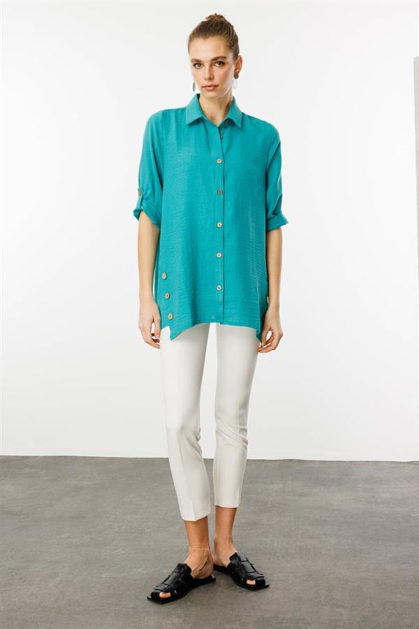 Kadın Truvakar Kol Keten Gömlek Yeşil