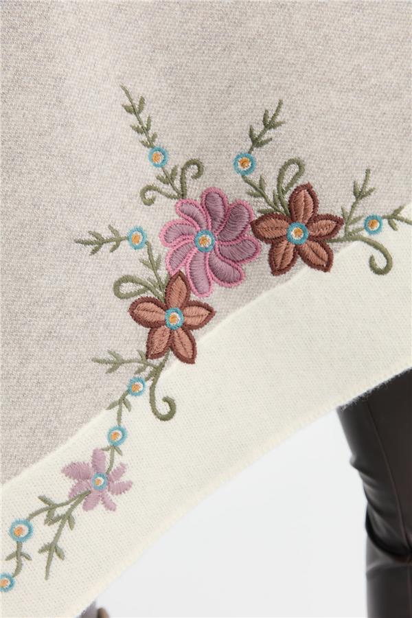 Kadın Üç Çiçekli Nakış İşlemeli Yün Şal Kemik