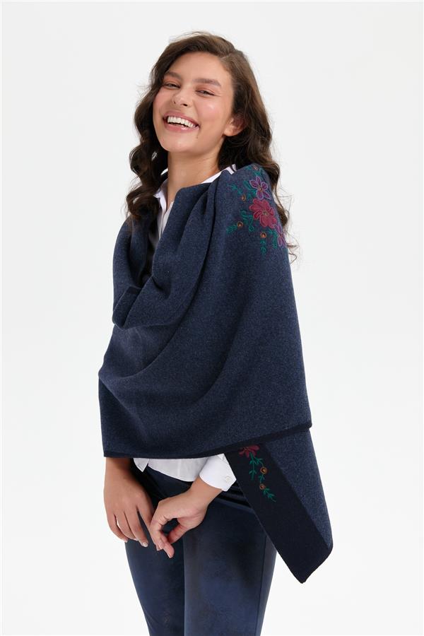 Kadın Üç Çiçekli Nakış İşlemeli Yün Şal K.Lacivert
