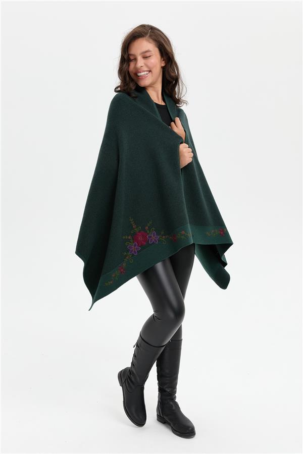 Kadın Üç Çiçekli Nakış İşlemeli Yün Şal Yeşil
