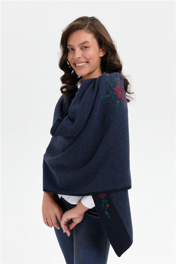 Kadın Üç Çiçekli Nakış İşlemeli Yün Şal K.Lacivert