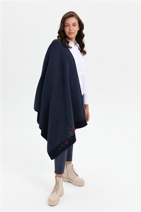 Kadın Üç Çiçekli Nakış İşlemeli Yün Şal K.Lacivert