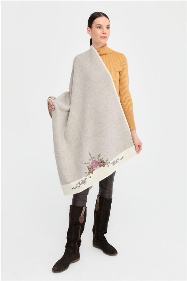 Kadın Üç Çiçekli Nakış İşlemeli Yün Şal Kemik