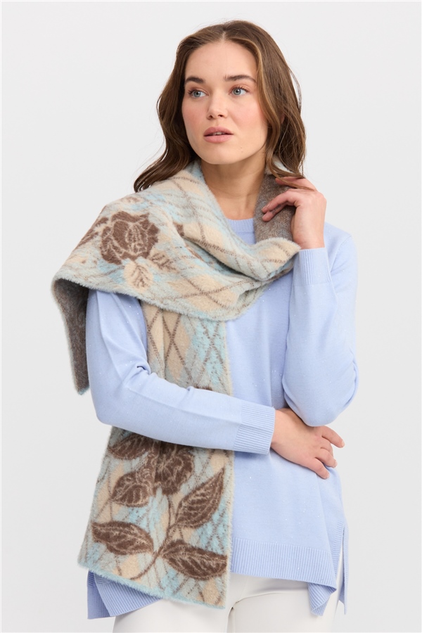 Женский шарф в ромбик с цветами по краям салатовый