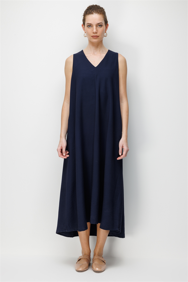 Kadın V Yaka Askılı Uzun Keten Elbise Lacivert