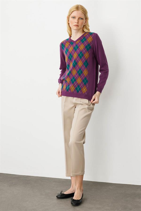 Kadın V Yaka Baklavalı Yün Kazak A.Mor