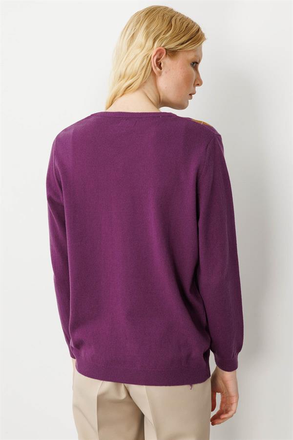 Kadın V Yaka Baklavalı Yün Kazak A.Mor