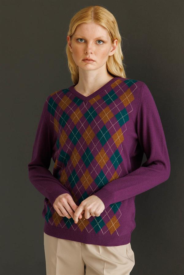 Kadın V Yaka Baklavalı Yün Kazak A.Mor