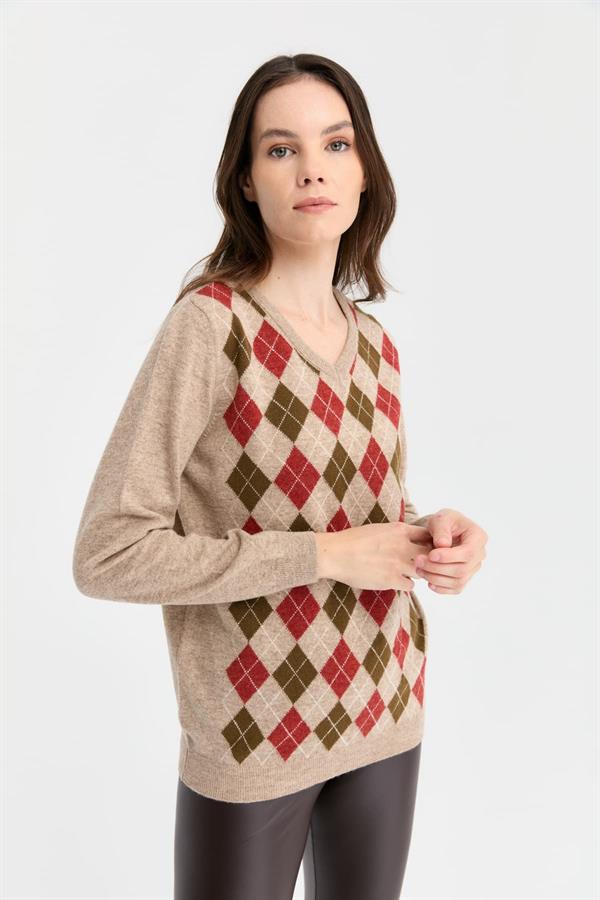 Kadın V Yaka Baklavalı Yün Kazak K.Bej