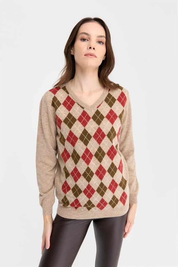 Kadın V Yaka Baklavalı Yün Kazak K.Bej