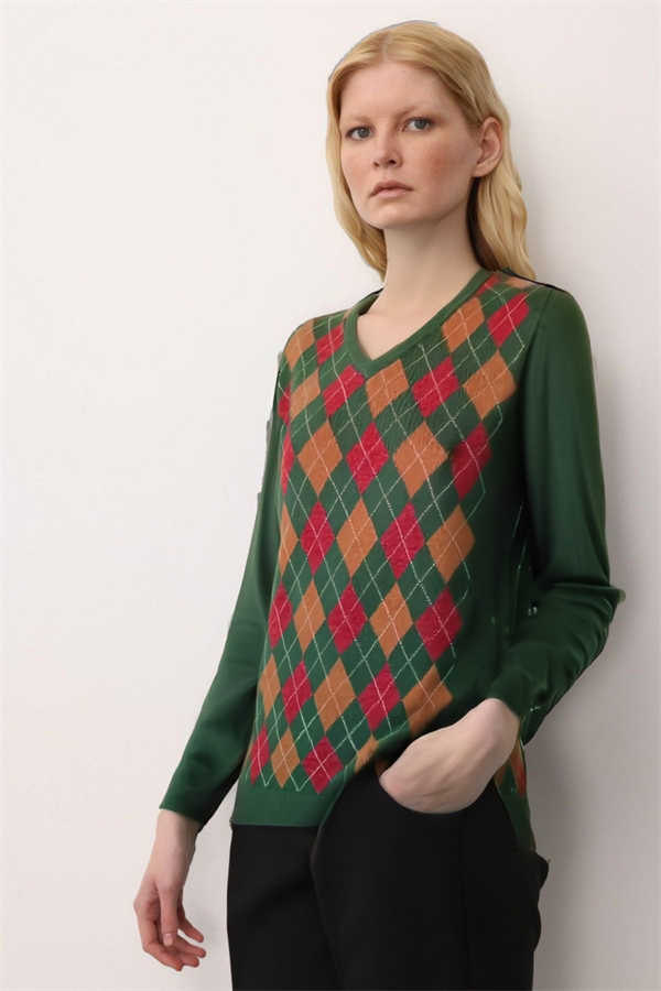 Kadın V Yaka Baklavalı Yün Kazak K.Yosun