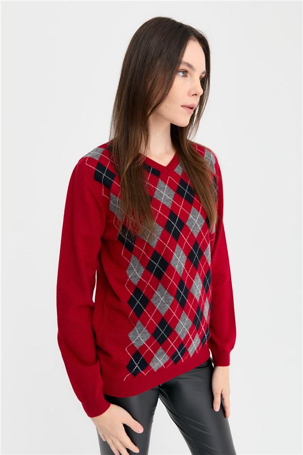 Kadın V Yaka Baklavalı Yün Kazak K.Kırmızı