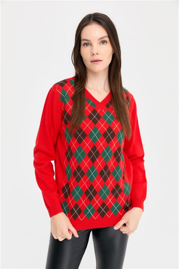 Kadın V Yaka Baklavalı Yün Kazak Mercan