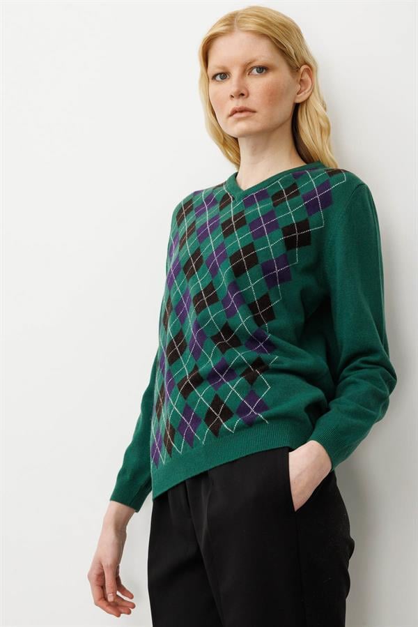 Kadın V Yaka Baklavalı Yün Kazak Ö.Başı