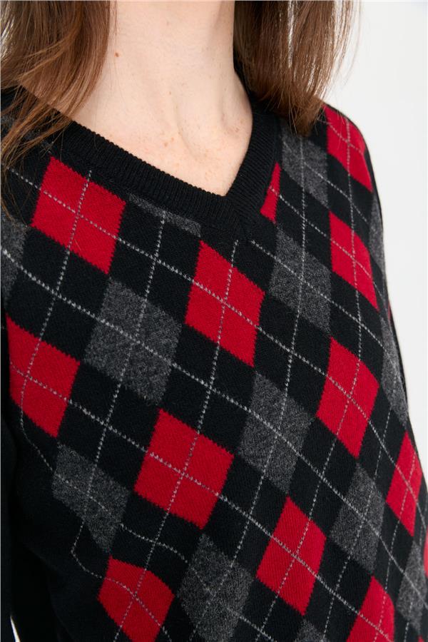 Kadın V Yaka Baklavalı Yün Kazak Siyah