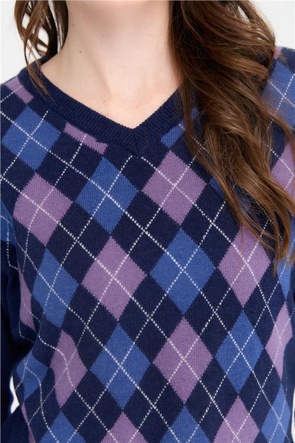 Kadın V Yaka Baklavalı Yün Kazak Y.A Lacivert